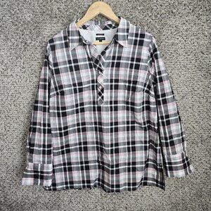 Talbots Top Womens 14‎ Black Plaid Wrinkle Resistant Popover Blouse Collared
